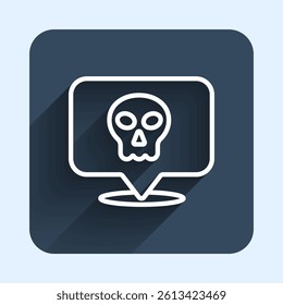 White line Skull icon isolated with long shadow background. Happy Halloween party. Blue square button. Vector