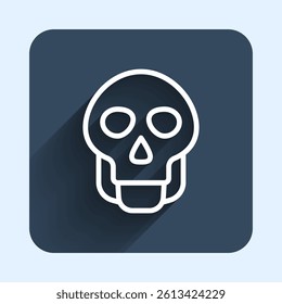 White line Skull icon isolated with long shadow background. Happy Halloween party. Blue square button. Vector