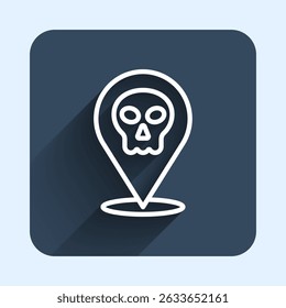 White line Skull icon isolated with long shadow background. Happy Halloween party. Blue square button. Vector