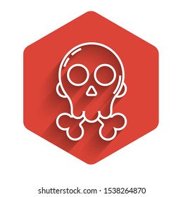 White line Skull on crossbones icon isolated with long shadow. Happy Halloween party. Red hexagon button. Vector Illustration