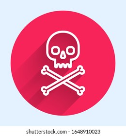 White line Skull on crossbones icon isolated with long shadow. Red circle button. Vector Illustration