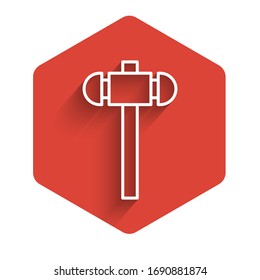 White line Sledgehammer icon isolated with long shadow. Red hexagon button. Vector Illustration