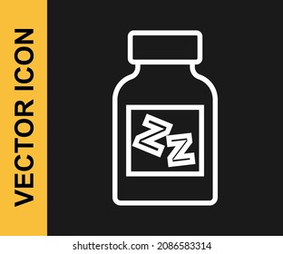 Icono de la píldora durmiente de la línea blanca aislada en el fondo negro.  Vector