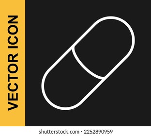 Icono de la píldora durmiente de la línea blanca aislada en el fondo negro.  Vector