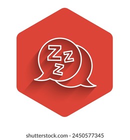 White line Sleepy icon isolated with long shadow. Sleepy zzz black talk bubble. Red hexagon button. Vector