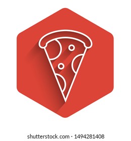 White line Slice of pizza icon isolated with long shadow. Fast food menu. Red hexagon button. Vector Illustration