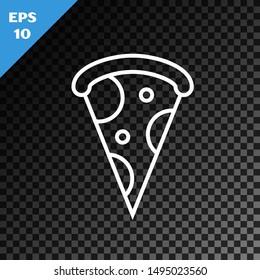White line Slice of pizza icon isolated on transparent dark background. Fast food menu.  Vector Illustration