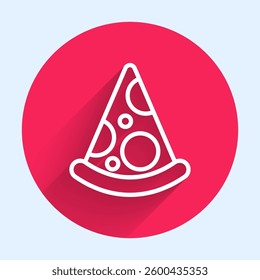 White line Slice of pizza icon isolated with long shadow. Fast food menu. Red circle button. Vector