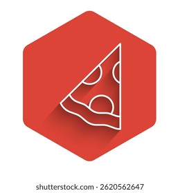 White line Slice of pizza icon isolated with long shadow. Fast food menu. Red hexagon button. Vector