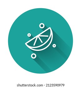 White line Sliced lime icon isolated with long shadow background. Green circle button. Vector