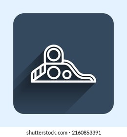 White line Slide playground icon isolated with long shadow background. Childrens slide. Blue square button. Vector