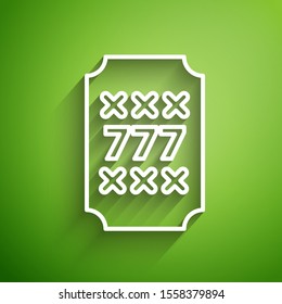 White line Slot machine with lucky sevens jackpot icon isolated on green background.  Vector Illustration