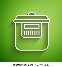 White line Slow cooker icon isolated on green background. Electric pan.  Vector Illustration