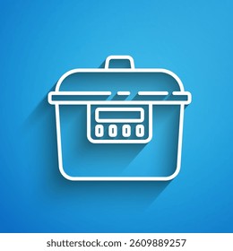White line Slow cooker icon isolated on blue background. Electric pan. Long shadow. Vector
