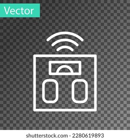 Línea blanca Icono de báscula de baño inteligente aislado en fondo transparente. Equipamiento para medir el peso. Internet de cosas con conexión inalámbrica.  Vector