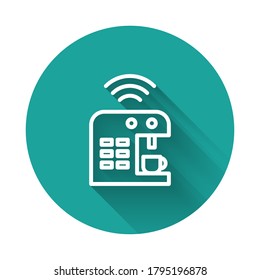 White line Smart coffee machine system icon isolated with long shadow. Internet of things concept with wireless connection. Green circle button. Vector