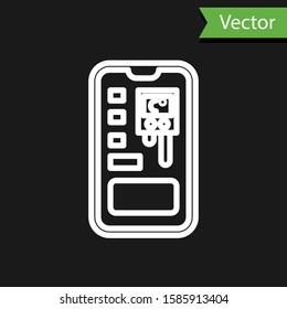 White line Smart control farming system mobile application icon isolated on black background.  Vector Illustration