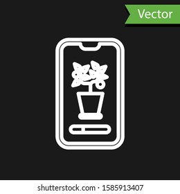 White line Smart control farming system mobile application icon isolated on black background.  Vector Illustration
