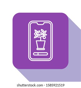 White line Smart control farming system mobile application icon isolated on white background. Purple square button. Vector Illustration