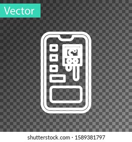 White line Smart control farming system mobile application icon isolated on transparent background.  Vector Illustration