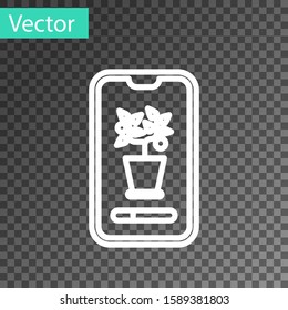 White line Smart control farming system mobile application icon isolated on transparent background.  Vector Illustration