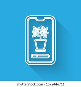 White line Smart control farming system mobile application icon isolated with long shadow.  Vector Illustration