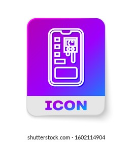 White line Smart control farming system mobile application icon isolated on white background. Rectangle color button. Vector Illustration