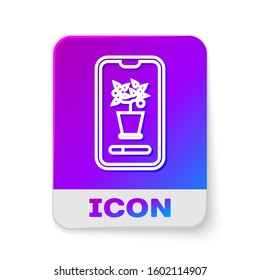 White line Smart control farming system mobile application icon isolated on white background. Rectangle color button. Vector Illustration