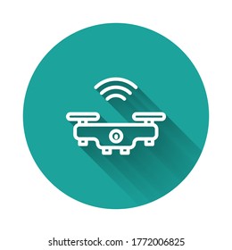 White line Smart drone system icon isolated with long shadow. Quadrocopter with video and photo camera symbol. Green circle button. Vector
