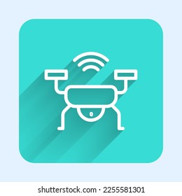 White line Smart drone system icon isolated with long shadow background. Quadrocopter with video and photo camera symbol. Green square button. Vector