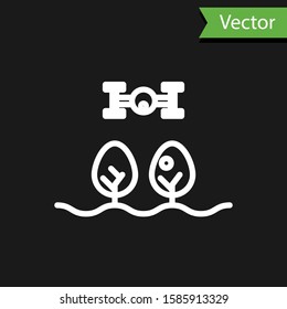 White line Smart farm with drone control and tree icon isolated on black background. Innovation technology for agricultural company.  Vector Illustration