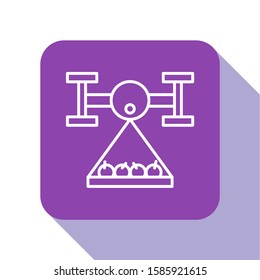 White line Smart farm with drone control collects harvest icon isolated on white background. Innovation technology for agricultural company. Purple square button. Vector Illustration