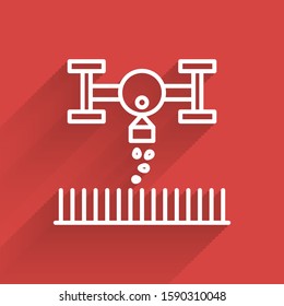 White line Smart farm with drone control for seed planting icon isolated with long shadow. Innovation technology for agricultural company.  Vector Illustration