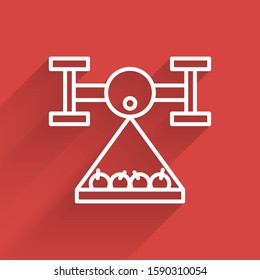 White line Smart farm with drone control collects harvest icon isolated with long shadow. Innovation technology for agricultural company.  Vector Illustration