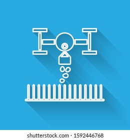 White line Smart farm with drone control for seed planting icon isolated with long shadow. Innovation technology for agricultural company.  Vector Illustration