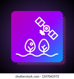 White line Smart farm with drone control and tree icon isolated on black background. Innovation technology for agricultural company. Square color button. Vector Illustration