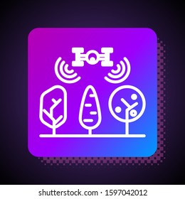 White line Smart farm with drone control and tree icon isolated on black background. Innovation technology for agricultural company. Square color button. Vector Illustration