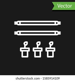 White line Smart farm with light bulb and plant symbol icon isolated on black background.  Vector Illustration