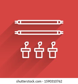 White line Smart farm with light bulb and plant symbol icon isolated with long shadow.  Vector Illustration