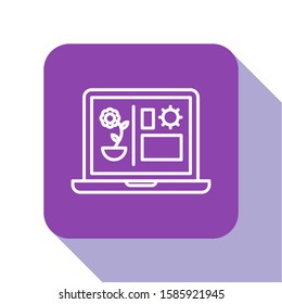 White line Smart farming technology - farm automation system icon isolated on white background. Purple square button. Vector Illustration