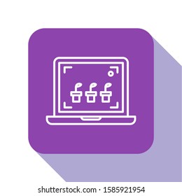 White line Smart farming technology - farm automation system icon isolated on white background. Purple square button. Vector Illustration