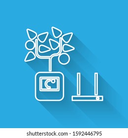 White line Smart farming technology - farm automation system in app icon isolated with long shadow.  Vector Illustration