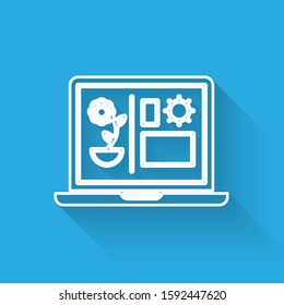 White line Smart farming technology - farm automation system icon isolated with long shadow.  Vector Illustration