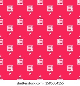 White line Smart farming technology - timer farm automation system in app icon isolated seamless pattern on red background.  Vector Illustration