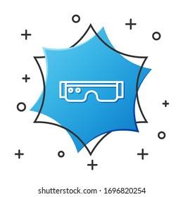 White line Smart glasses mounted on spectacles icon isolated on white background. Wearable electronics smart glasses with camera and display. Blue hexagon button. Vector Illustration