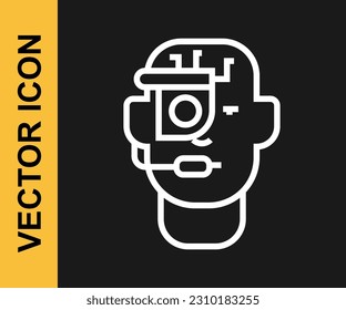 White line Smart glasses mounted on spectacles icon isolated on black background. Wearable electronics smart glasses with camera and display.  Vector