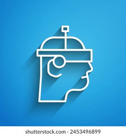 White line Smart glasses mounted on spectacles icon isolated on blue background. Wearable electronics smart glasses with camera and display. Long shadow. Vector