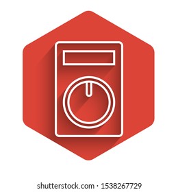 White line Smart home icon isolated with long shadow. Remote control. Red hexagon button. Vector Illustration