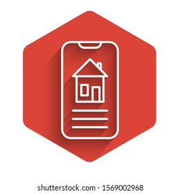White line Smart home icon isolated with long shadow. Remote control. Red hexagon button. Vector Illustration