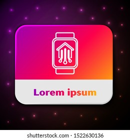 White line Smart home with smart watch icon isolated on black background. Remote control. Rectangle color button. Vector Illustration
